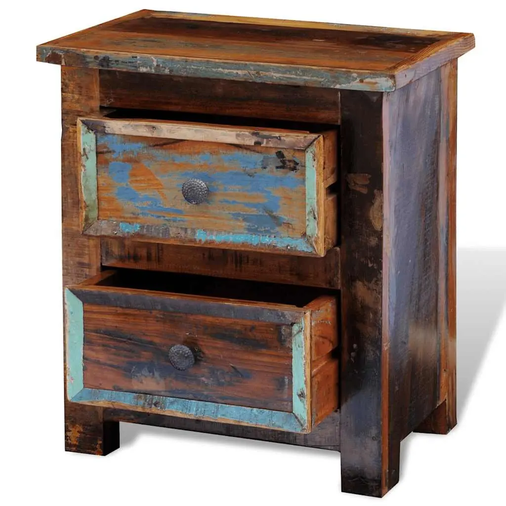 Bedside Table Reclaimed Wood 2 Drawers Antique Style Brown