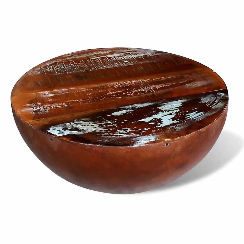 Coffee Table Reclaimed Wood Bowl Shape Antique Brown Handmade Steel Base