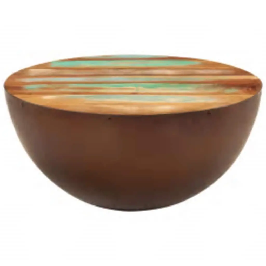Coffee Table Reclaimed Wood Bowl Shape Antique Brown Handmade Steel Base