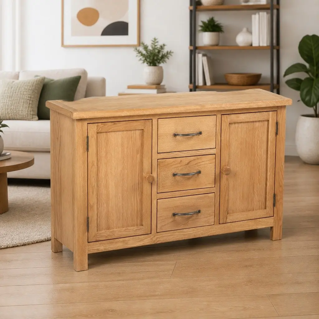 Wooden Sideboard Solid Oak 110cm Brown 3 Drawers 2 Cupboards Storage Cabinet