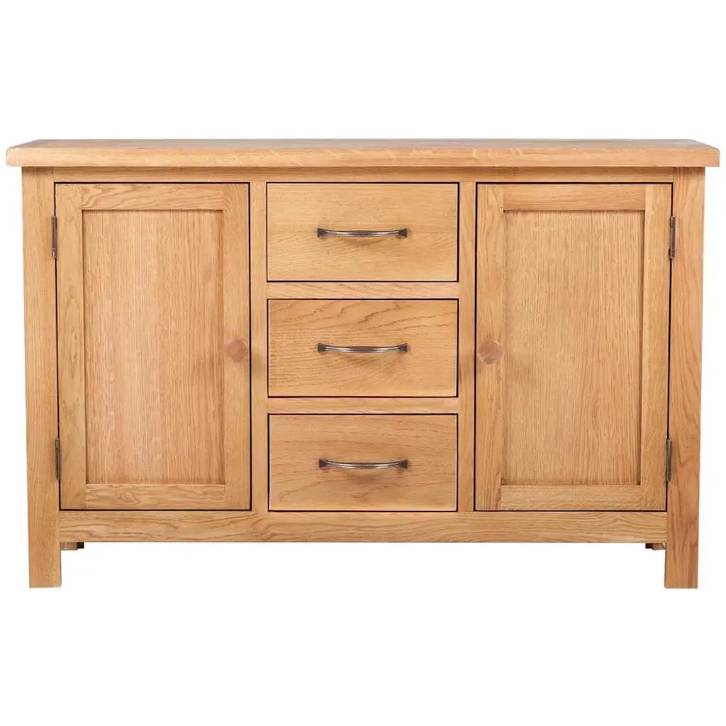 Wooden Sideboard Solid Oak 110cm Brown 3 Drawers 2 Cupboards Storage Cabinet