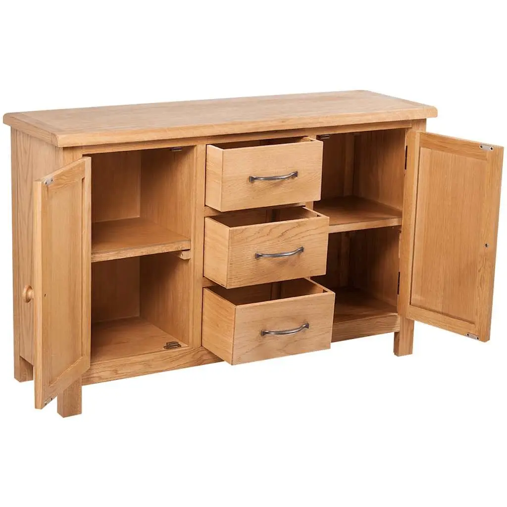 Wooden Sideboard Solid Oak 110cm Brown 3 Drawers 2 Cupboards Storage Cabinet