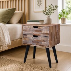 Bedside Table with 2 Storage Drawers Reclaimed Wood Nightstand Brown Vintage