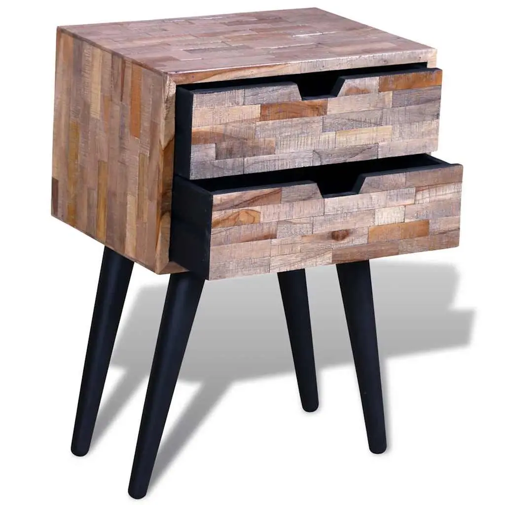 Bedside Table with 2 Storage Drawers Reclaimed Wood Nightstand Brown Vintage