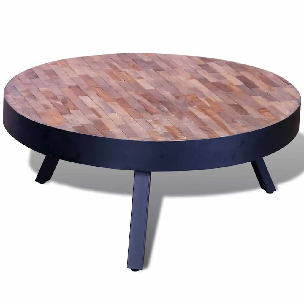 Round Coffee Table Black Vintage Handmade Reclaimed Wood Living Room Accent