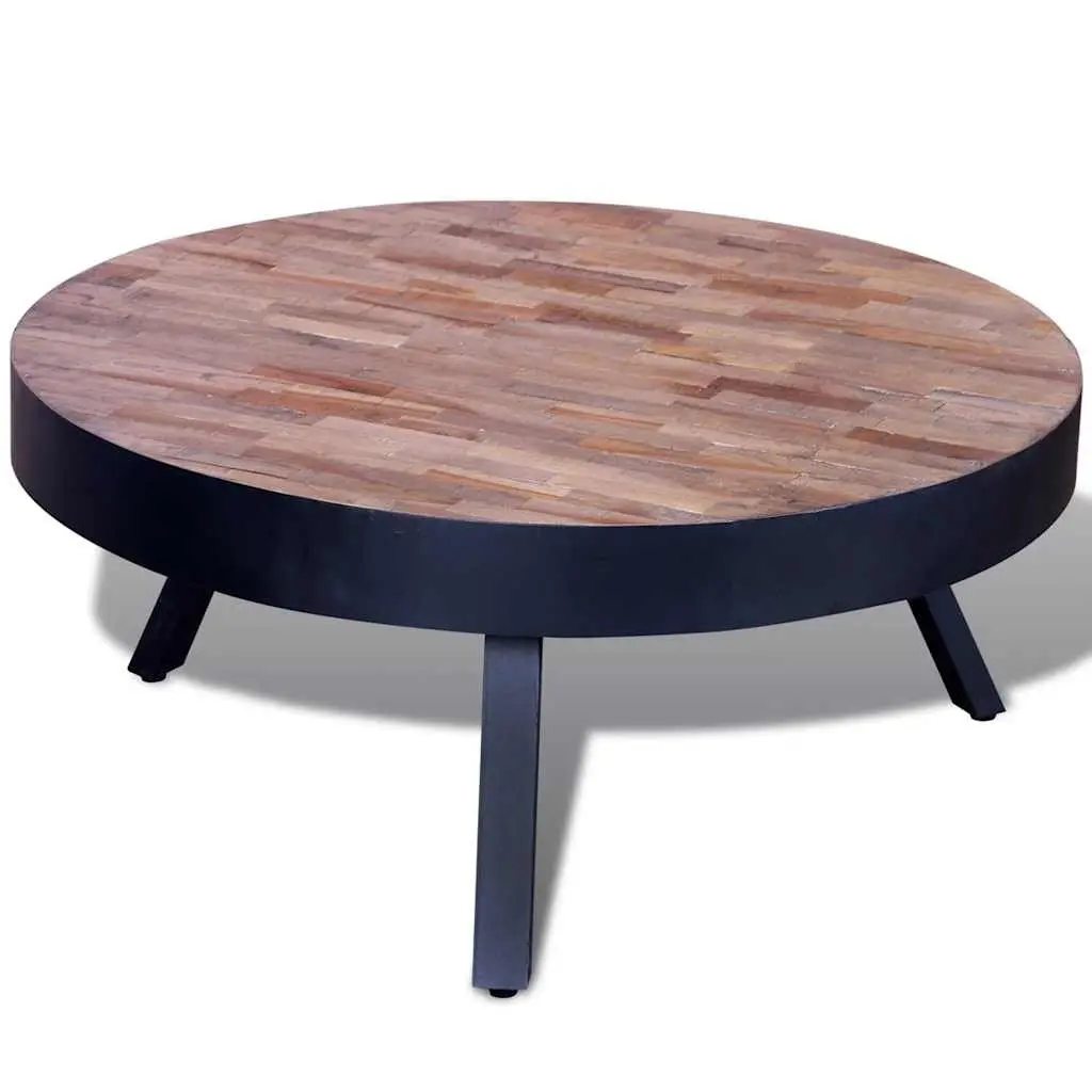 Round Coffee Table Black Vintage Handmade Reclaimed Wood Living Room Accent