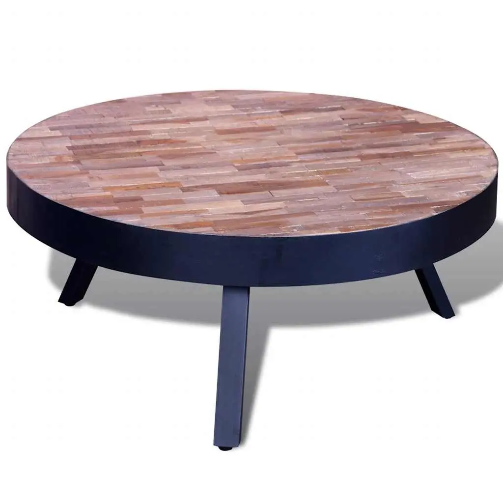 Round Coffee Table Black Vintage Handmade Reclaimed Wood Living Room Accent