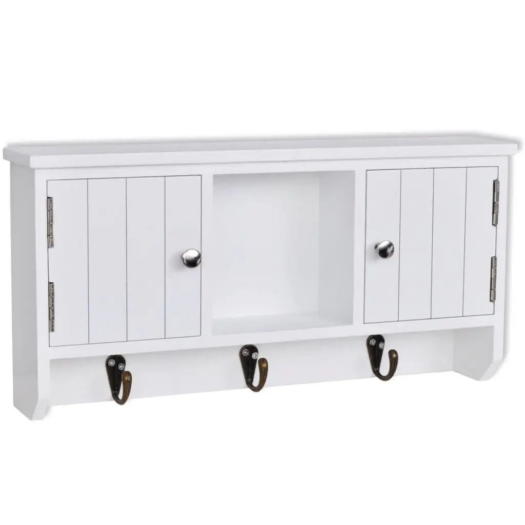 Wall Mounted Cabinet for Jewelry and Key Storage White MDF with Doors Hooks and Middle Shelf