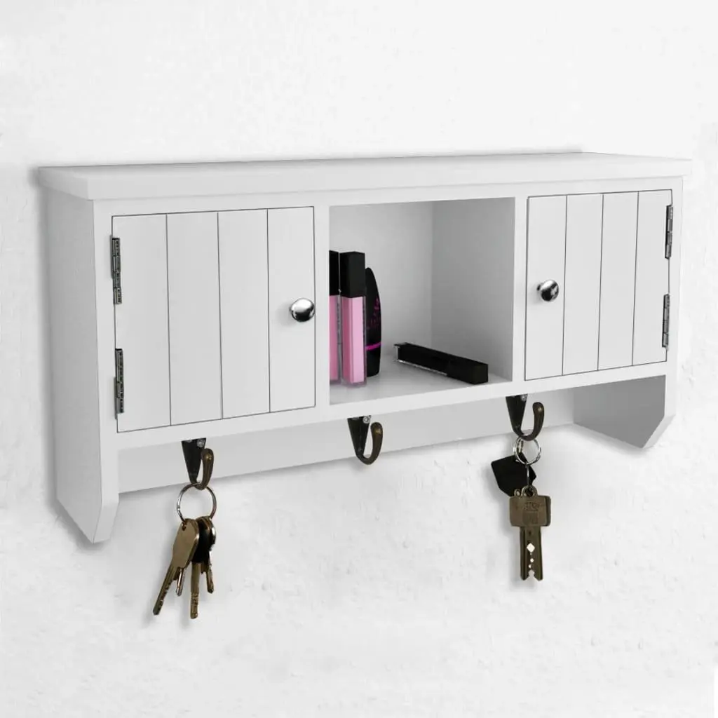 Wall Mounted Cabinet for Jewelry and Key Storage White MDF with Doors Hooks and Middle Shelf