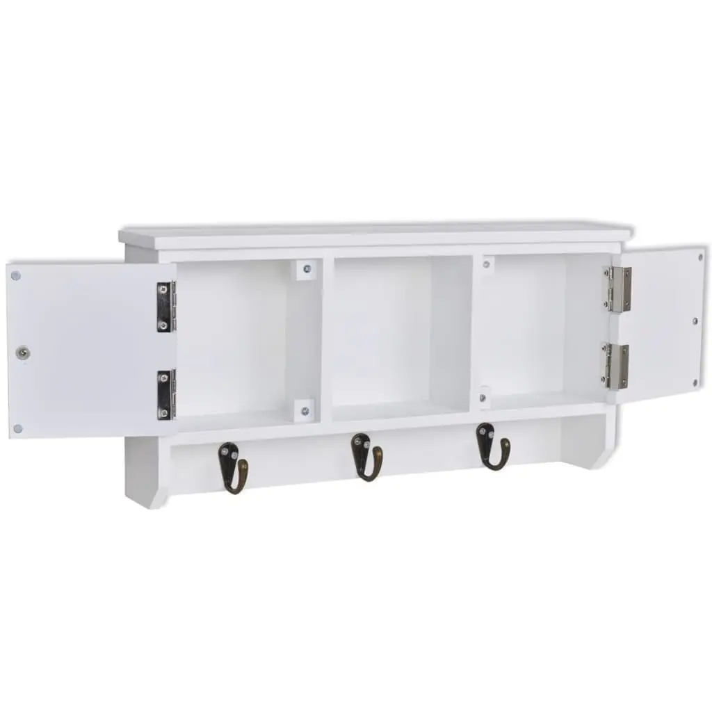 Wall Mounted Cabinet for Jewelry and Key Storage White MDF with Doors Hooks and Middle Shelf