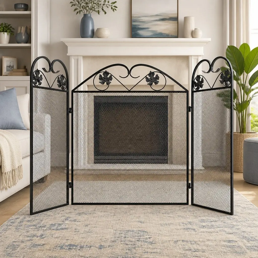 Black Iron 3 Panel Fireplace Screen Folding Safety Barrier with Fine Mesh Backing 61cm