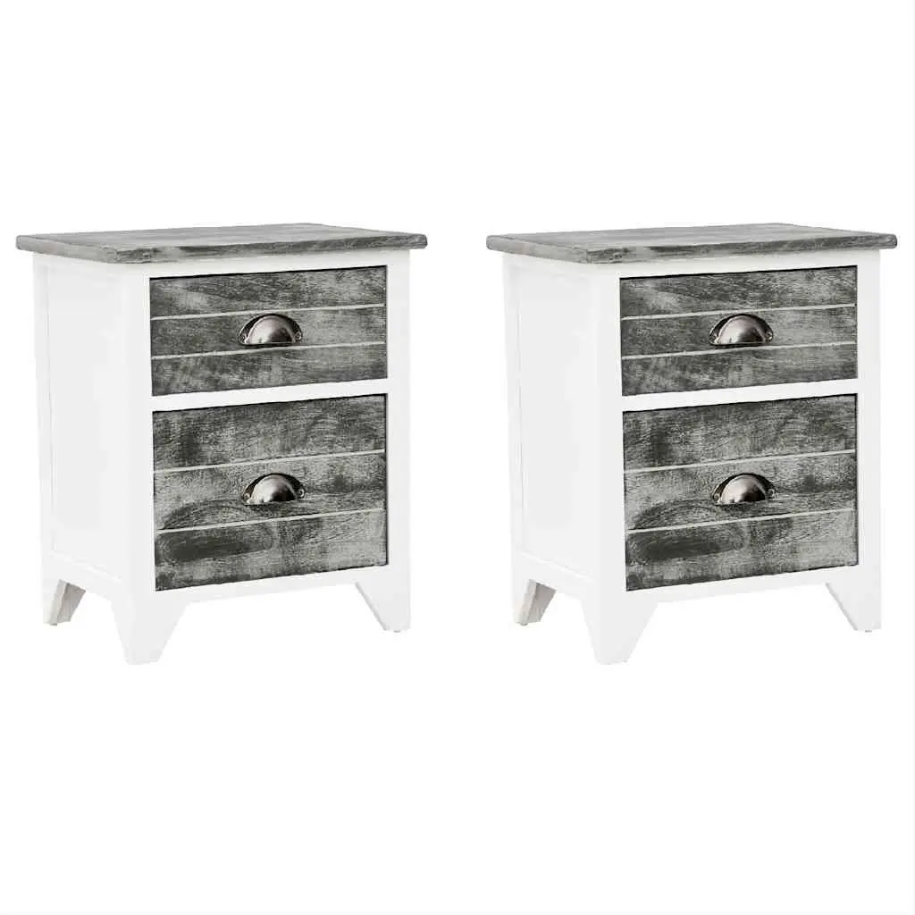 Bedside Table Set Plywood Paulownia Wood 2 pcs Grey White Nightstand Cabinet