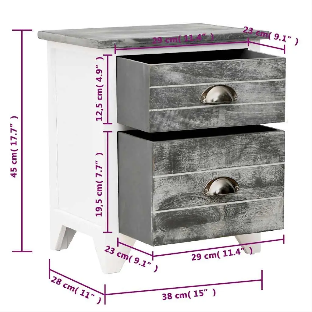 Bedside Table Set Plywood Paulownia Wood 2 pcs Grey White Nightstand Cabinet