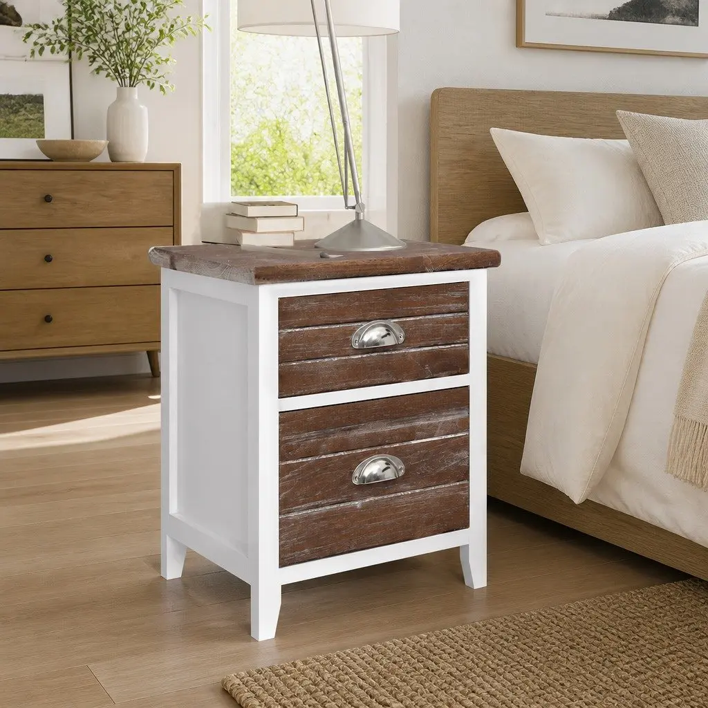 Nightstand Storage Cabinets Plywood 2 Drawer Brown and White Set for Bedroom