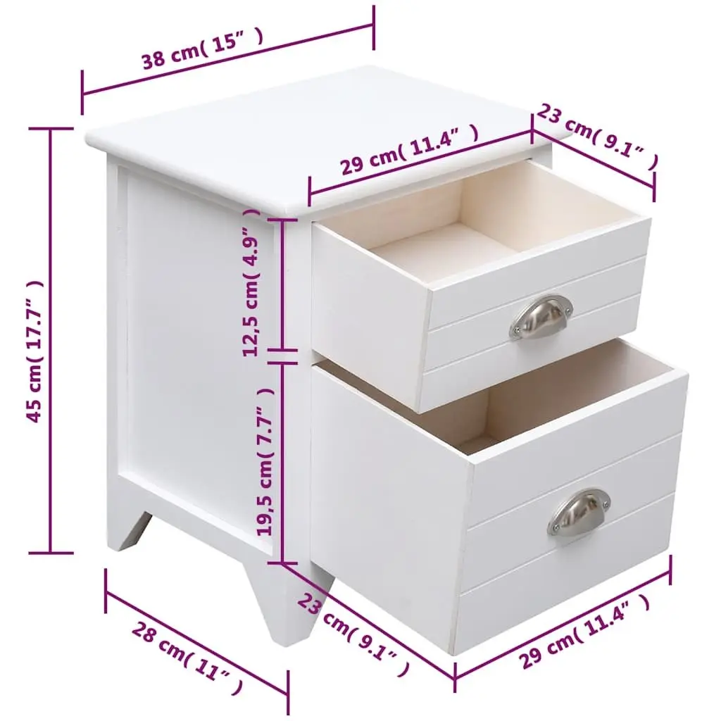Bedside Tables Plywood and Paulownia Wood 2 Drawer White Nightstands