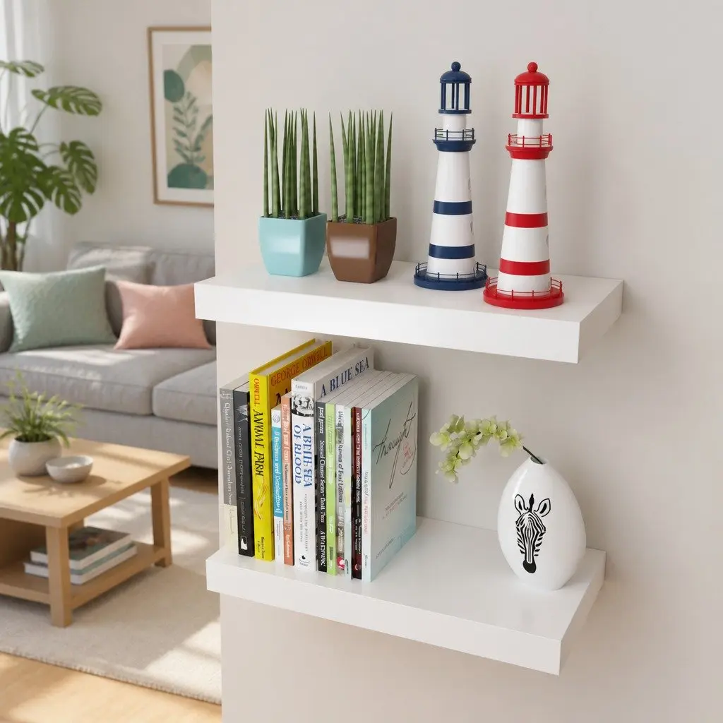 Wall Display Shelves White MDF Floating Book DVD Storage Hanging Ledge Set of 2