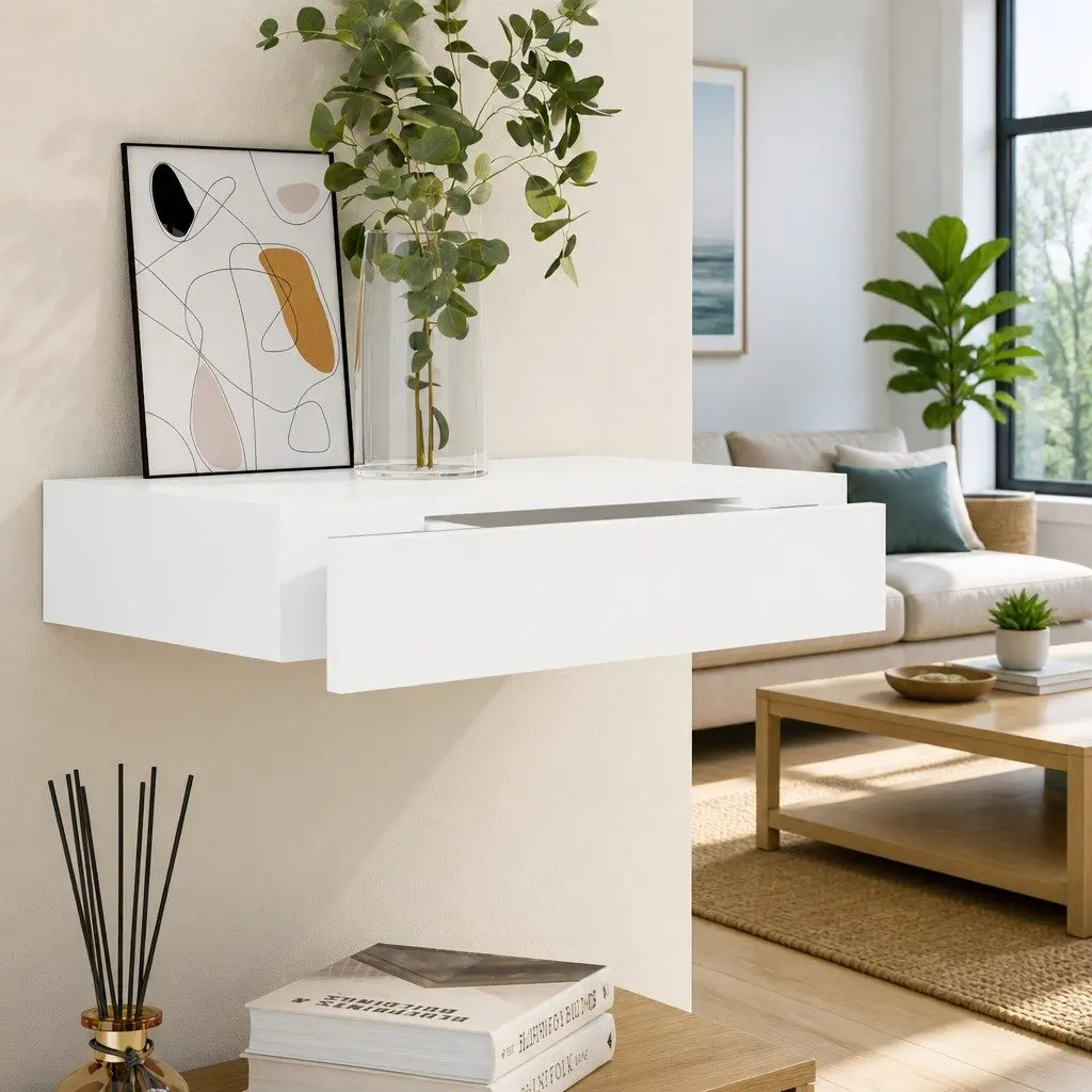 White Floating Wall Shelf with Storage Drawer