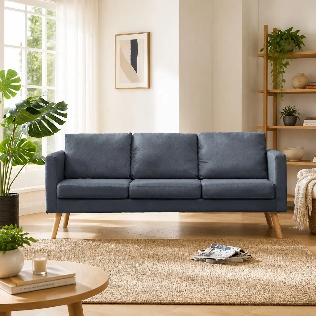 3-Seater Sofa Grey Fabric Couch Padded Cushions Removable Covers Living Room