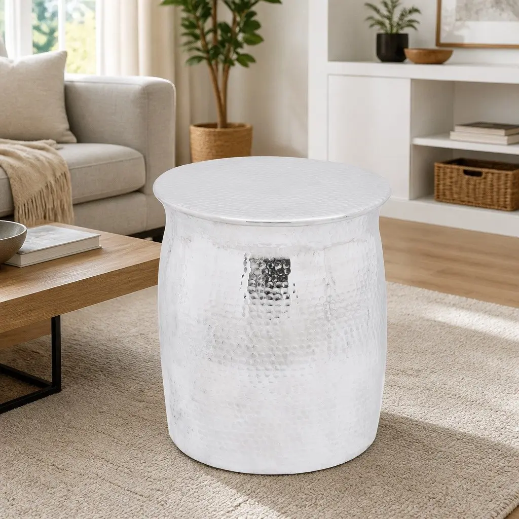 Hammered Aluminium Stool Side Table Silver Accent End Table Decorative