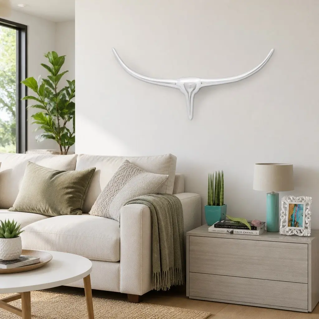 Wall Mounted Sculpture Aluminium 72cm Wide Silver Bull's Head Decoration