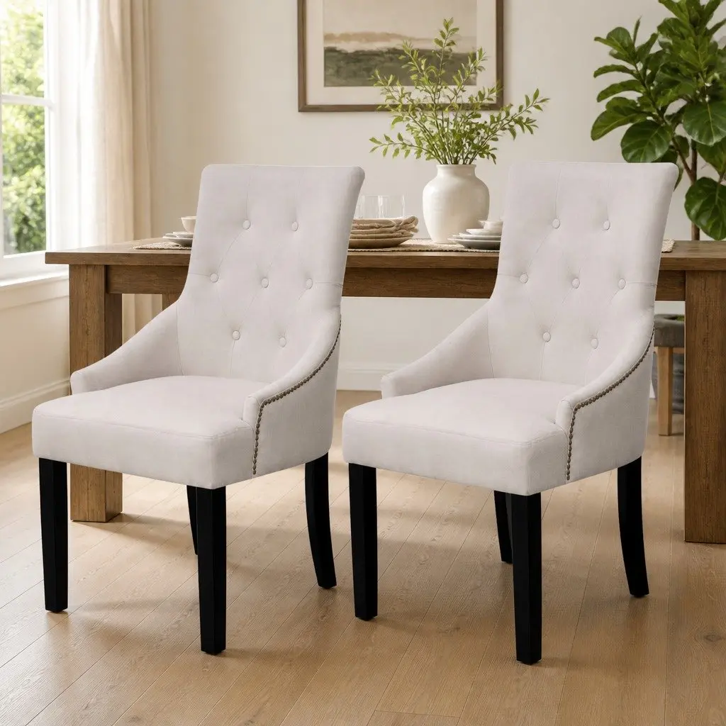 Dining Chairs Fabric Cream 2 Piece Armrests Padded Seat Backrest