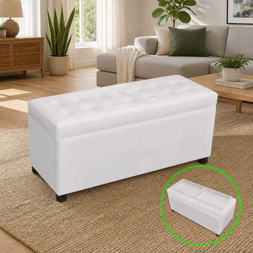 Storage Ottoman White Artificial Leather Foam Seat Hidden Compartment Coffee