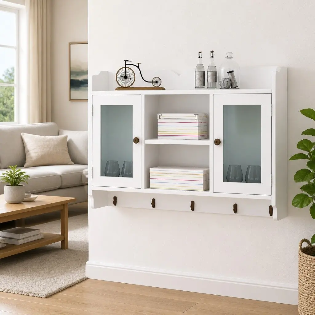Wall Display Cabinet White MDF Glass Doors Storage Shelf Book DVD Organizer