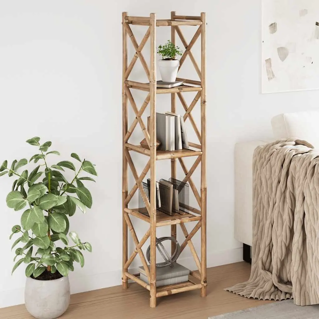 5-Tier Square Bamboo Shelf Brown Compact Storage Display Bookcase