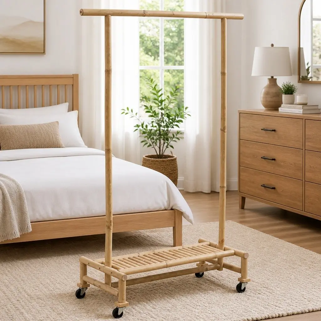 Bamboo Garment Storage Rack with Shelf and Casters Brown Portable Clothes Organizer