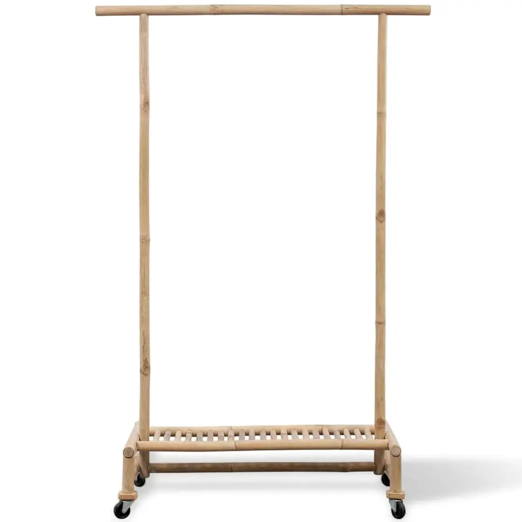 Bamboo Garment Storage Rack with Shelf and Casters Brown Portable Clothes Organizer