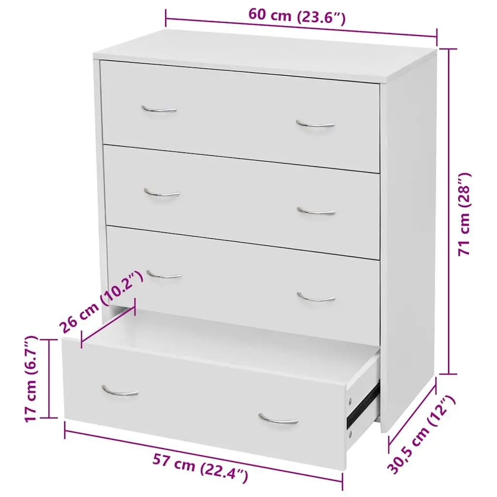 Sideboard Engineered Wood MDF 60 x 30.5 x 71 cm White 4 Drawers Storage Cabinet Living Room Hallway Dining Furniture