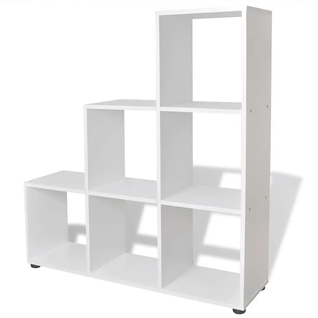 White Staircase Bookshelf Unit 107cm 6 Open Compartments Display Stand