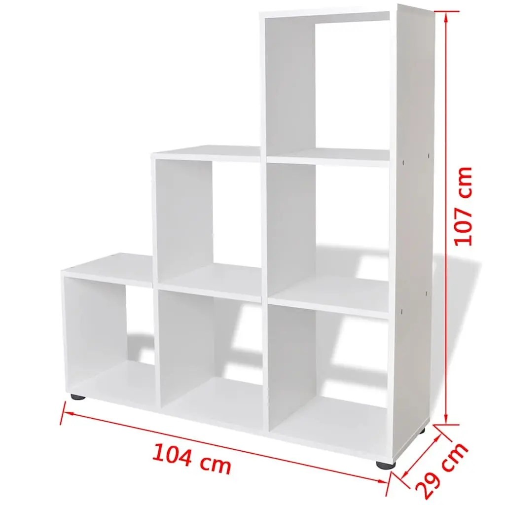 White Staircase Bookshelf Unit 107cm 6 Open Compartments Display Stand