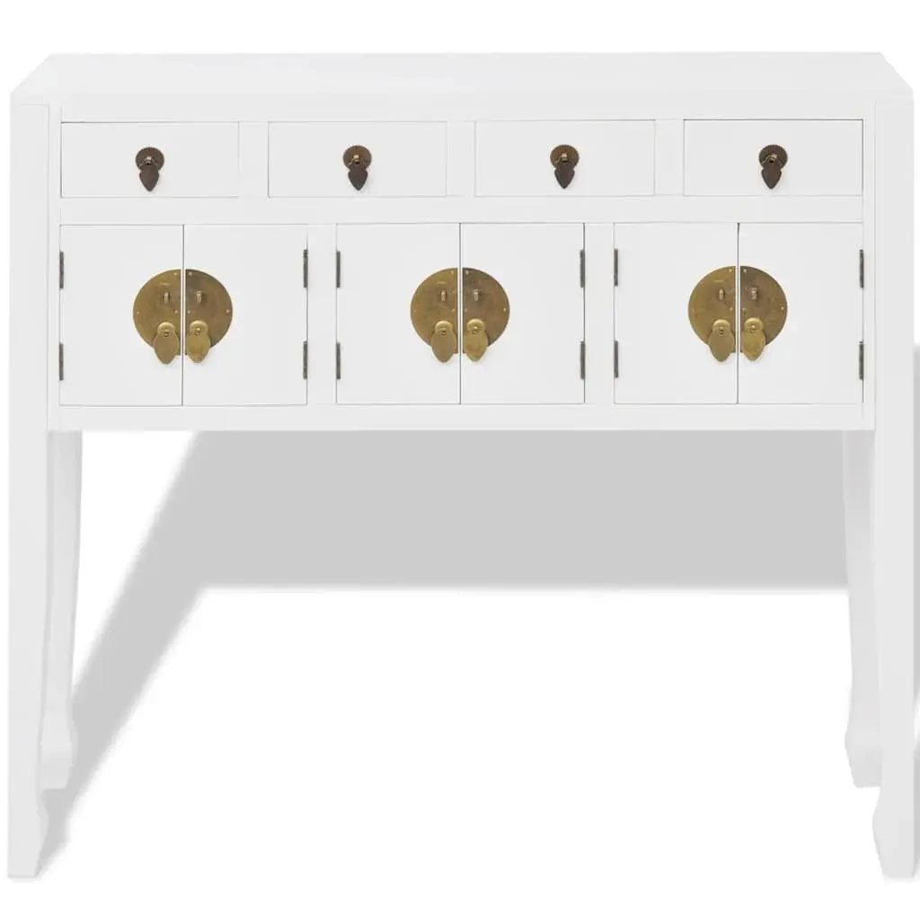 Sideboard Solid Wood White 4 Drawers 3 Cupboards Asian Style
