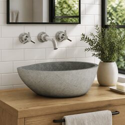 Oval River Stone Basin Bathroom Sink Natural Taupe Wash Vessel 36-46cm