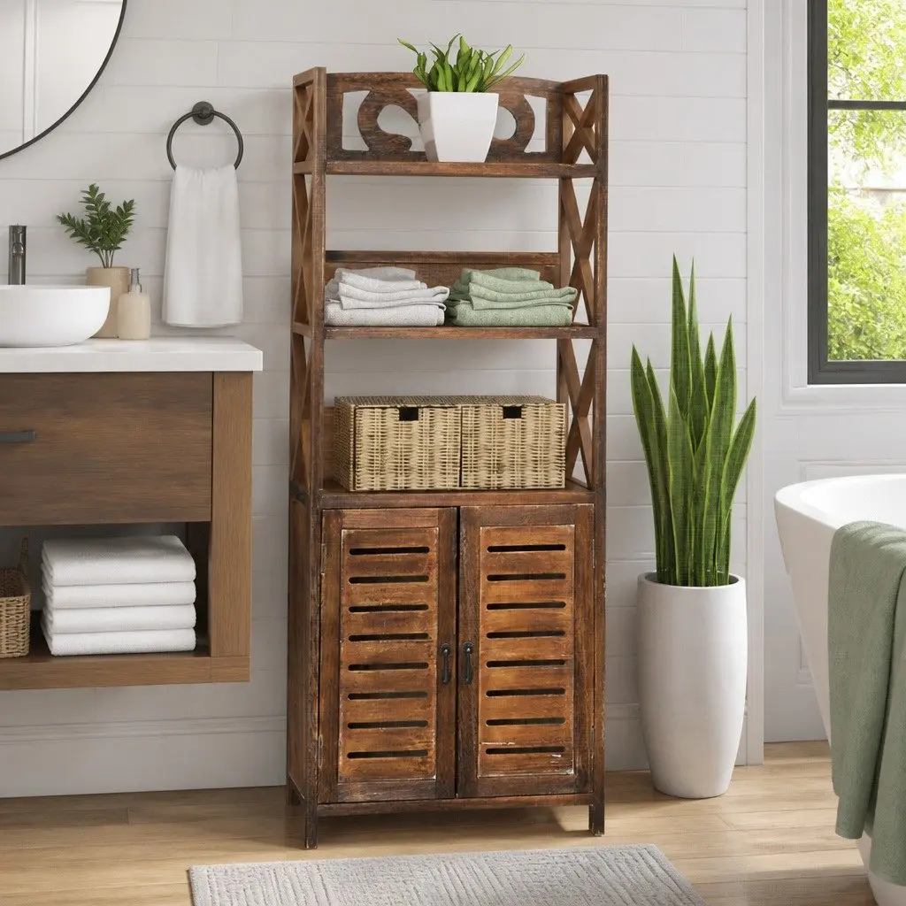 Bathroom Cabinet Wooden Floor Standing Brown 46x24x117.5cm