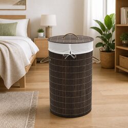 Bamboo Round Laundry Bin Hamper Basket with Handles Removable Liner Storage