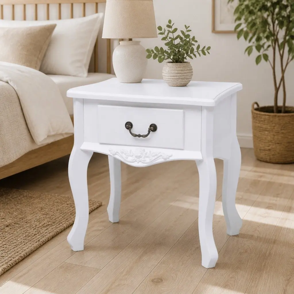 Bedside Cabinet MDF Compact White Nightstand with Drawer