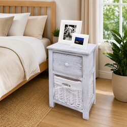 Versatile White Wood Bedside Cabinets with Baskets