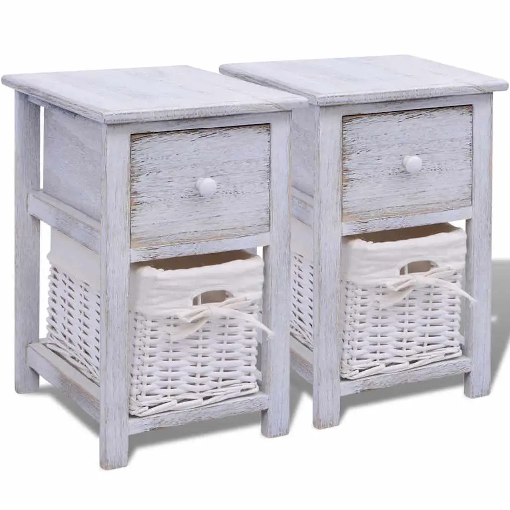 White Wood Bedside Cabinets with Baskets