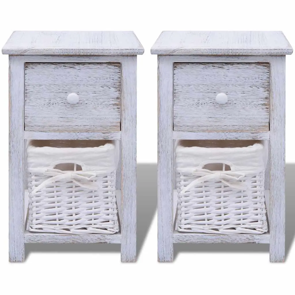 White Wood Bedside Cabinets with Baskets