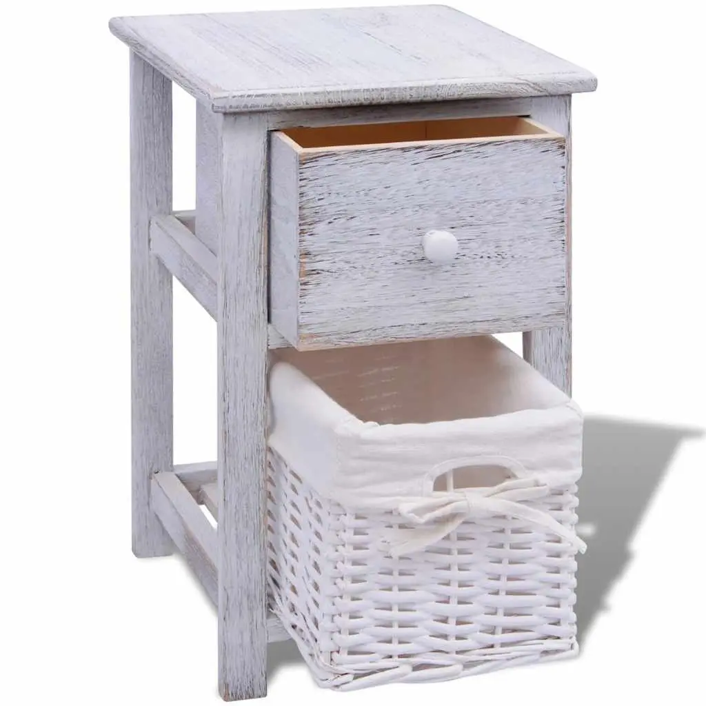 White Wood Bedside Cabinets with Baskets