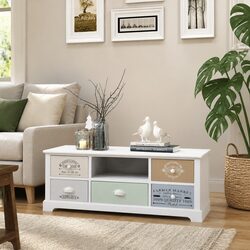 French Country Style TV Cabinet 5 Drawers Light Green White Wood Rustic Storage