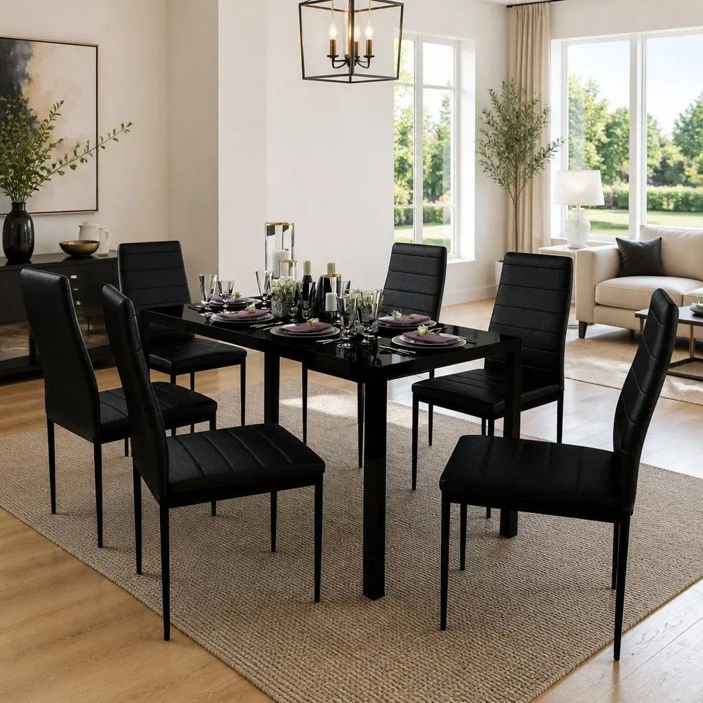 Dining Table Set 7 Piece Black Modern Kitchen Furniture Glass Table with 6 Chairs