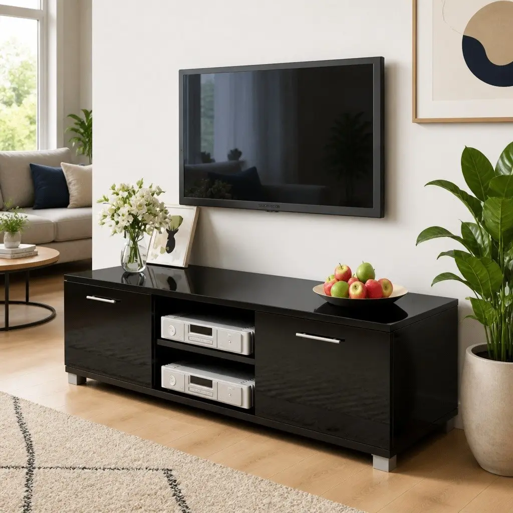 High-Gloss Black TV Stand Modern Entertainment Unit with Storage Shelves Sturdy Construction 120x40.5x35cm