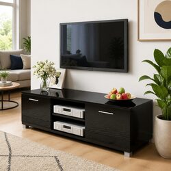 TV Cabinet High-Gloss Black Modern Sideboard Entertainment Unit Storage Shelves