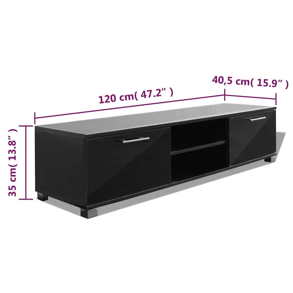 High-Gloss Black TV Stand Modern Entertainment Unit with Storage Shelves Sturdy Construction 120x40.5x35cm
