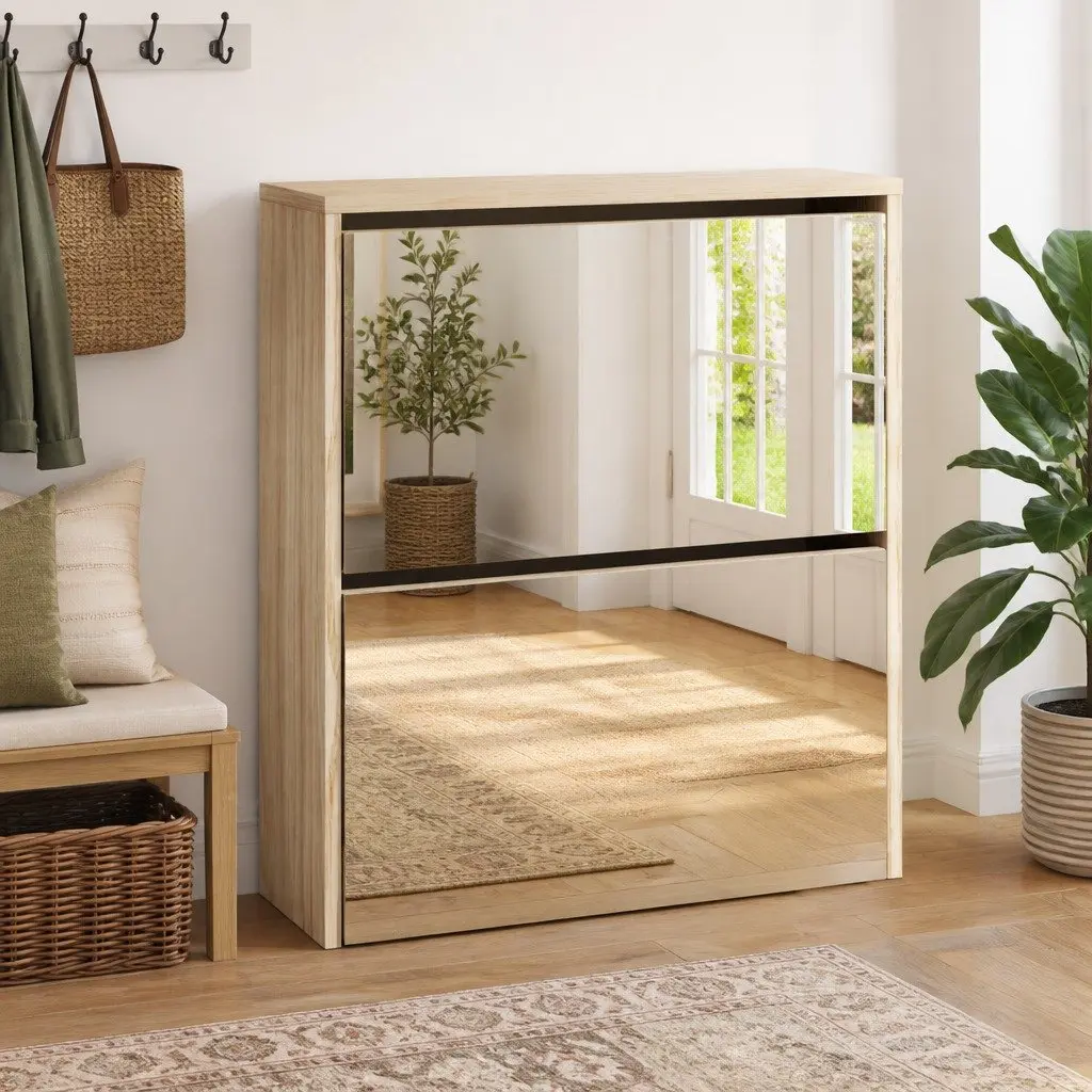 Shoe Cabinet 2-Layer Mirror Brown Wall Mounted Storage Organiser Drawer