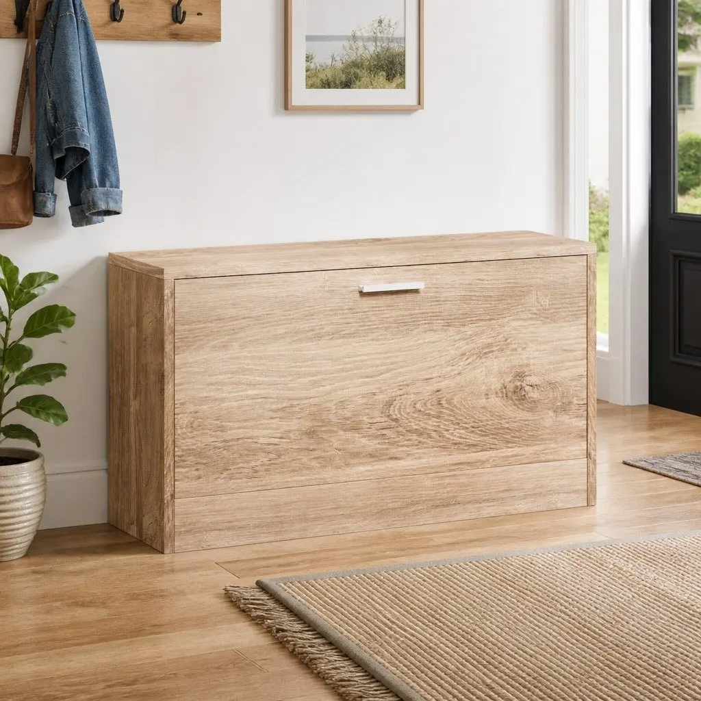 Shoe Storage Bench Oak Wood Brown Entryway Seating Cabinet