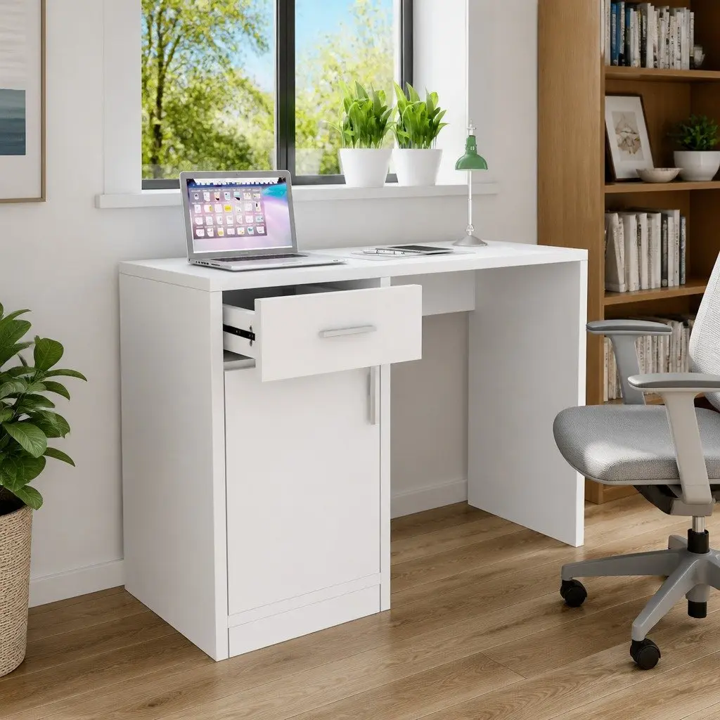 Desk Modern White 100cm x 40cm x 73cm with Drawer and Cabinet for Office Study Bedroom Furniture Storage